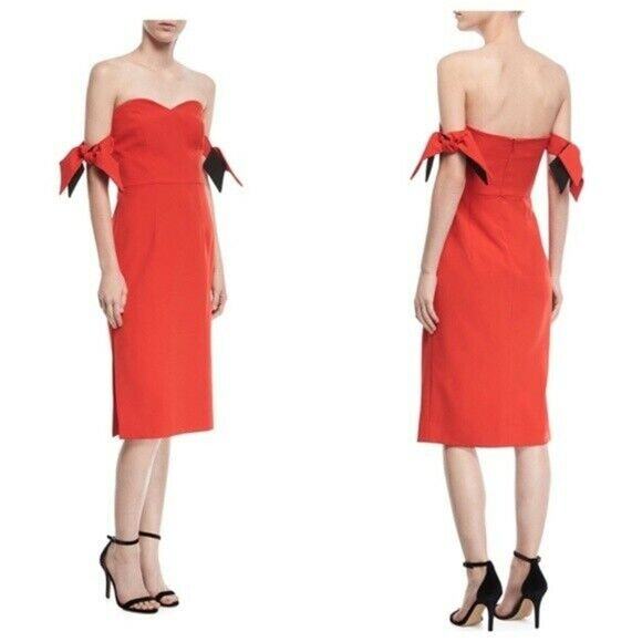 Milly Brie Size 4 Off Shoulder Italian Cady Red Poppy Cocktail Dress NWT $495 - Picture 2 of 5